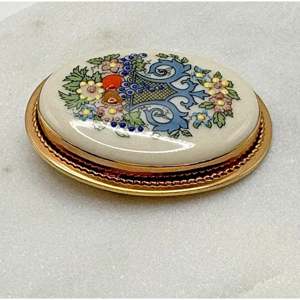 Vintage Lenox Gold Filled Porcelain Brooch Pendant Fine Enamel Floral Flowers